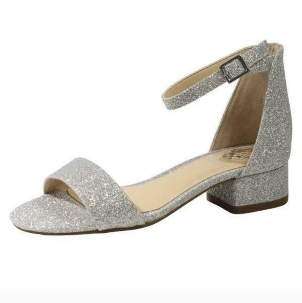 Vince Camuto Girls Pascala Silver Glitter Ankle Strap Block Heel Sandals 11